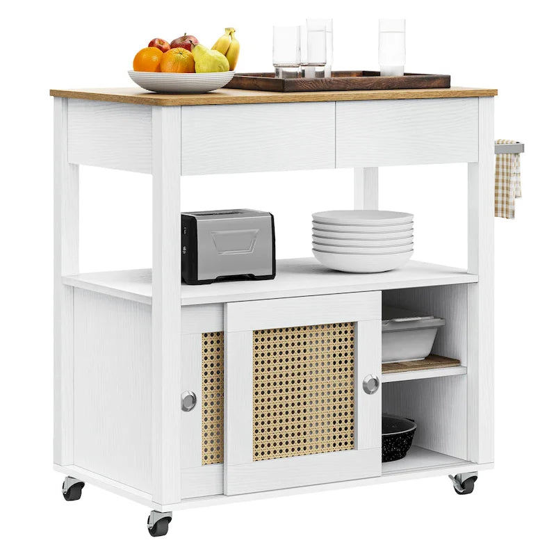 Moasis Rattan Rolling Kitchen Island with Storage Cabinet - 32.2L x19.5W x 35H