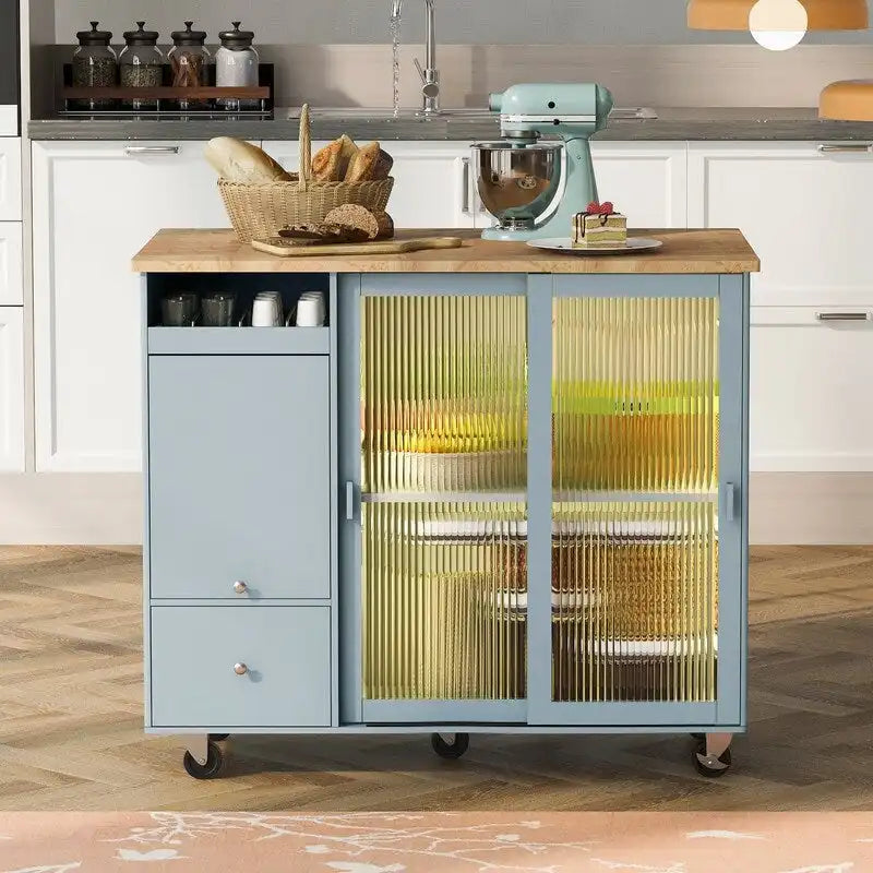 Kitchen Island Cart on Wheels with Drop Leaf,LED Light,2 Fluted Glass Doors and 1 Flip Cabinet Door