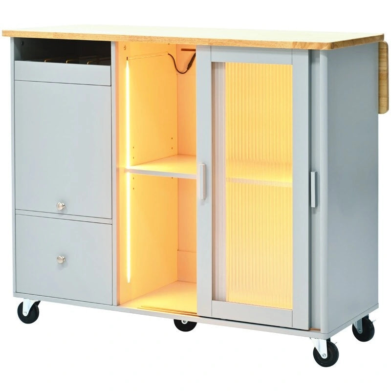 Kitchen Island Cart on Wheels with Drop Leaf,LED Light,2 Fluted Glass Doors and 1 Flip Cabinet Door