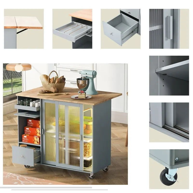 Kitchen Island Cart on Wheels with Drop Leaf,LED Light,2 Fluted Glass Doors and 1 Flip Cabinet Door