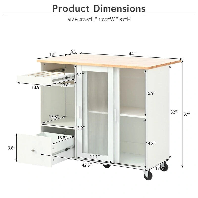 Kitchen Island Cart on Wheels with Drop Leaf,LED Light,2 Fluted Glass Doors and 1 Flip Cabinet Door