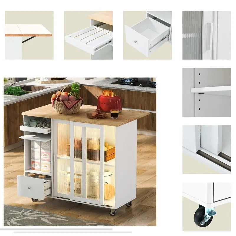 Kitchen Island Cart on Wheels with Drop Leaf,LED Light,2 Fluted Glass Doors and 1 Flip Cabinet Door