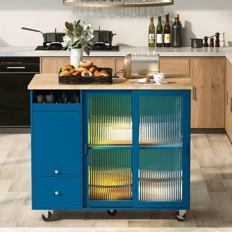 Kitchen Island Cart on Wheels with Drop Leaf,LED Light,2 Fluted Glass Doors and 1 Flip Cabinet Door