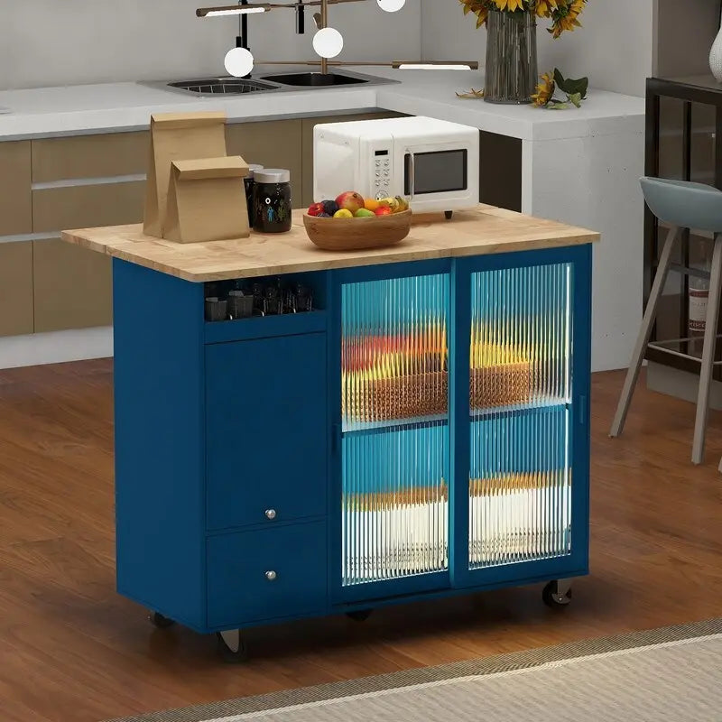 Kitchen Island Cart on Wheels with Drop Leaf,LED Light,2 Fluted Glass Doors and 1 Flip Cabinet Door