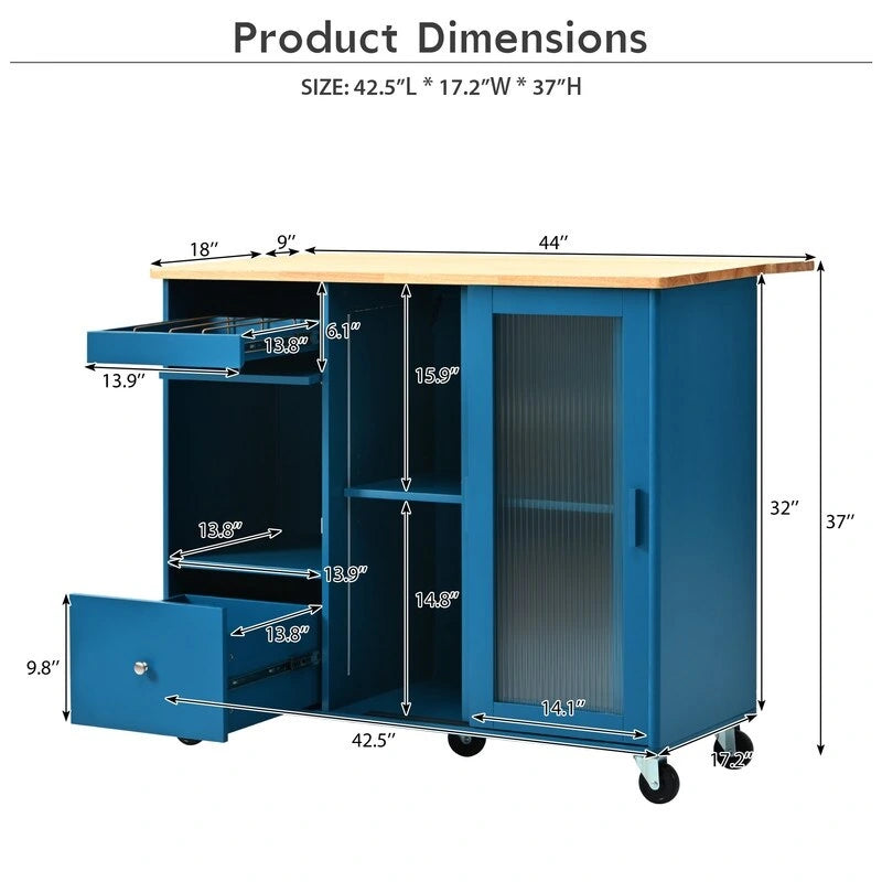 Kitchen Island Cart on Wheels with Drop Leaf,LED Light,2 Fluted Glass Doors and 1 Flip Cabinet Door