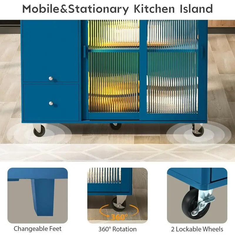 Kitchen Island Cart on Wheels with Drop Leaf,LED Light,2 Fluted Glass Doors and 1 Flip Cabinet Door