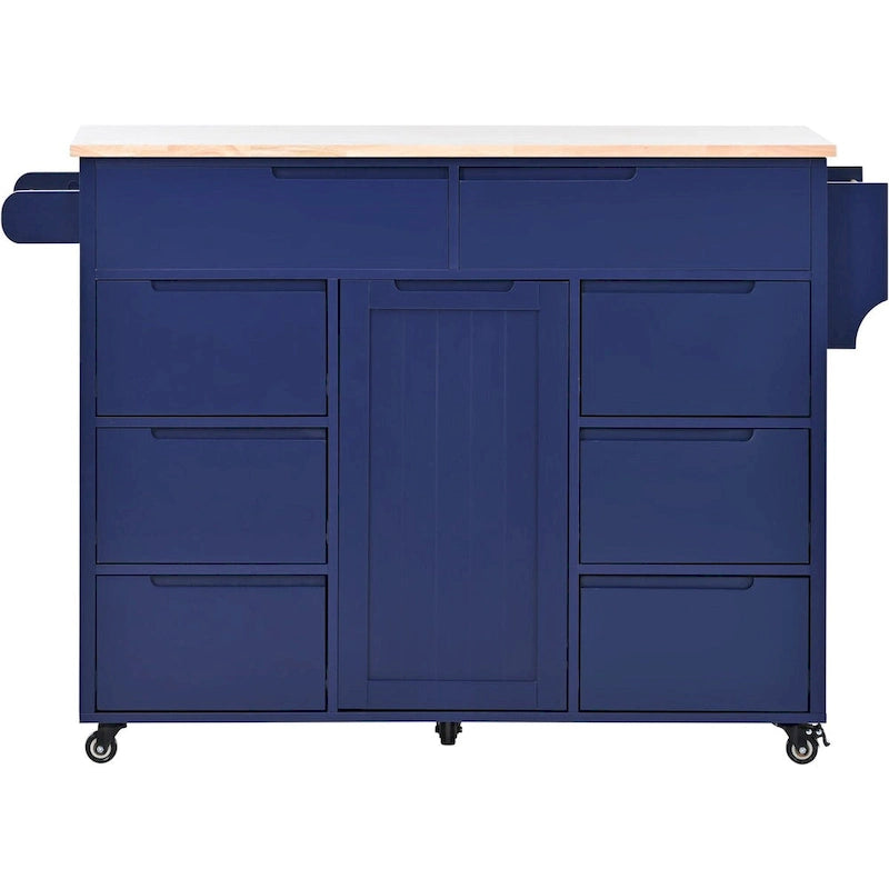 Rubberwood Kitchen Cart with Drop Leaf, Internal Storage Rack, Tableware organizer, and 8 drawers