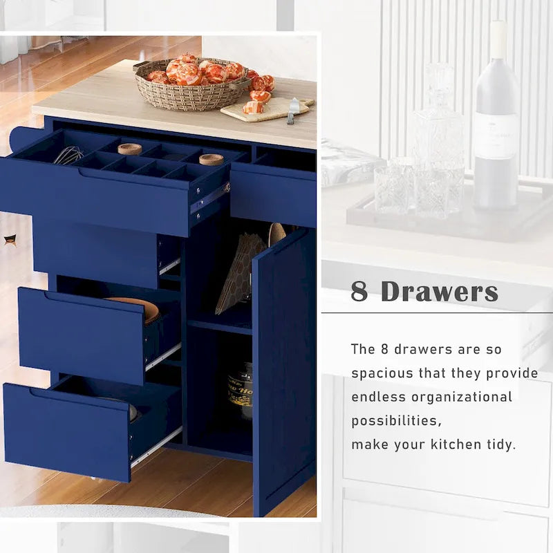 Rubberwood Kitchen Cart with Drop Leaf, Internal Storage Rack, Tableware organizer, and 8 drawers