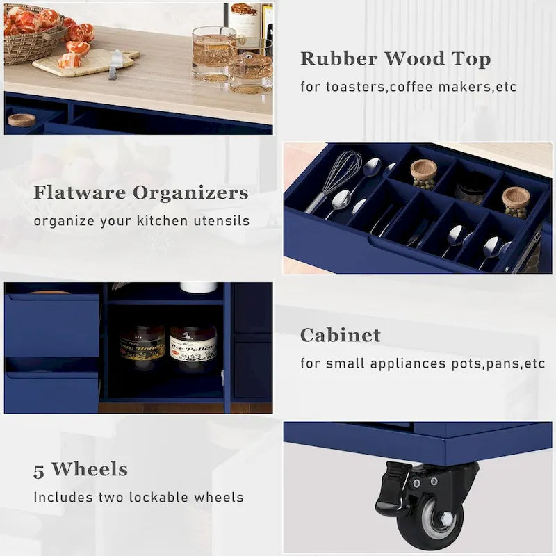 Rubberwood Kitchen Cart with Drop Leaf, Internal Storage Rack, Tableware organizer, and 8 drawers
