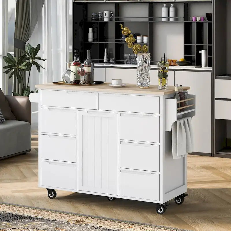 Rubberwood Kitchen Cart with Drop Leaf, Internal Storage Rack, Tableware organizer, and 8 drawers