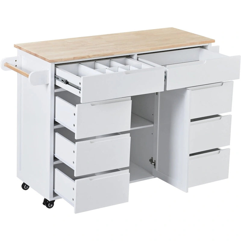 Rubberwood Kitchen Cart with Drop Leaf, Internal Storage Rack, Tableware organizer, and 8 drawers