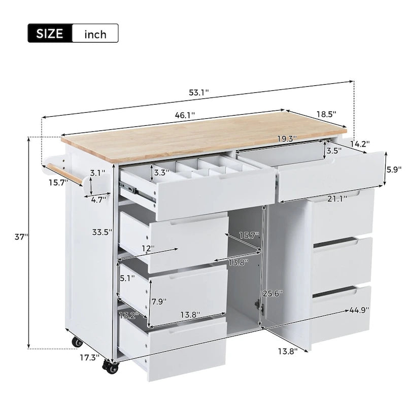 Rubberwood Kitchen Cart with Drop Leaf, Internal Storage Rack, Tableware organizer, and 8 drawers