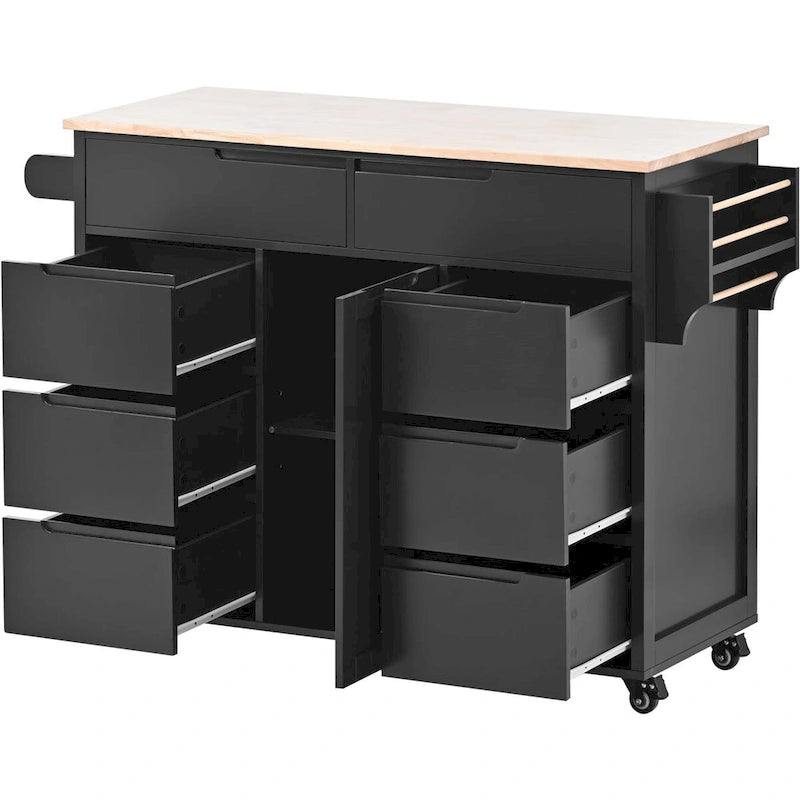 Rubberwood Kitchen Cart with Drop Leaf, Internal Storage Rack, Tableware organizer, and 8 drawers