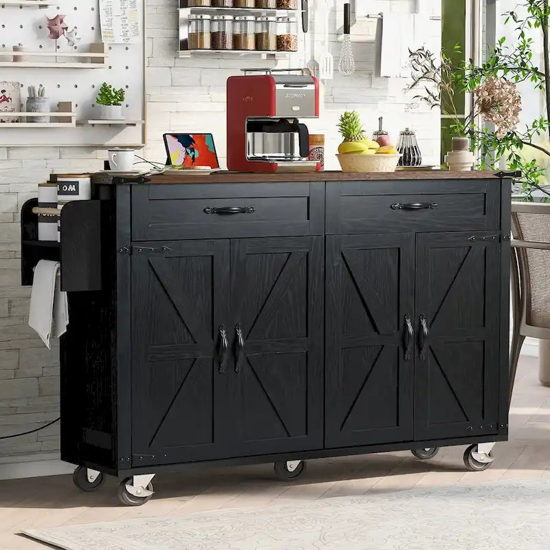 53.5 Farmhouse Kitchen Island with Power Outlet, Kitchen Storage Island with Drop Leaf, Rolling Cart On Wheels.