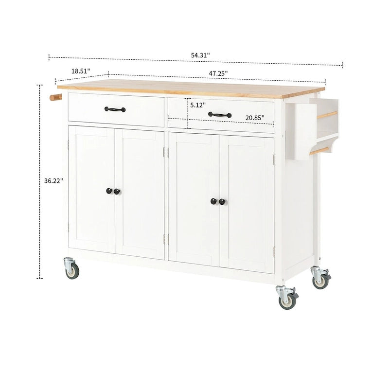Classic Wooden Kitchen Island Cart with 2 Drawers, 2 Cabinets, a Towel Rack and a Spice Rack