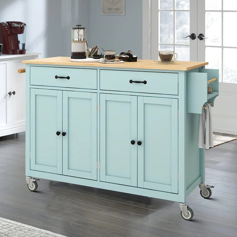 Classic Wooden Kitchen Island Cart with 2 Drawers, 2 Cabinets, a Towel Rack and a Spice Rack