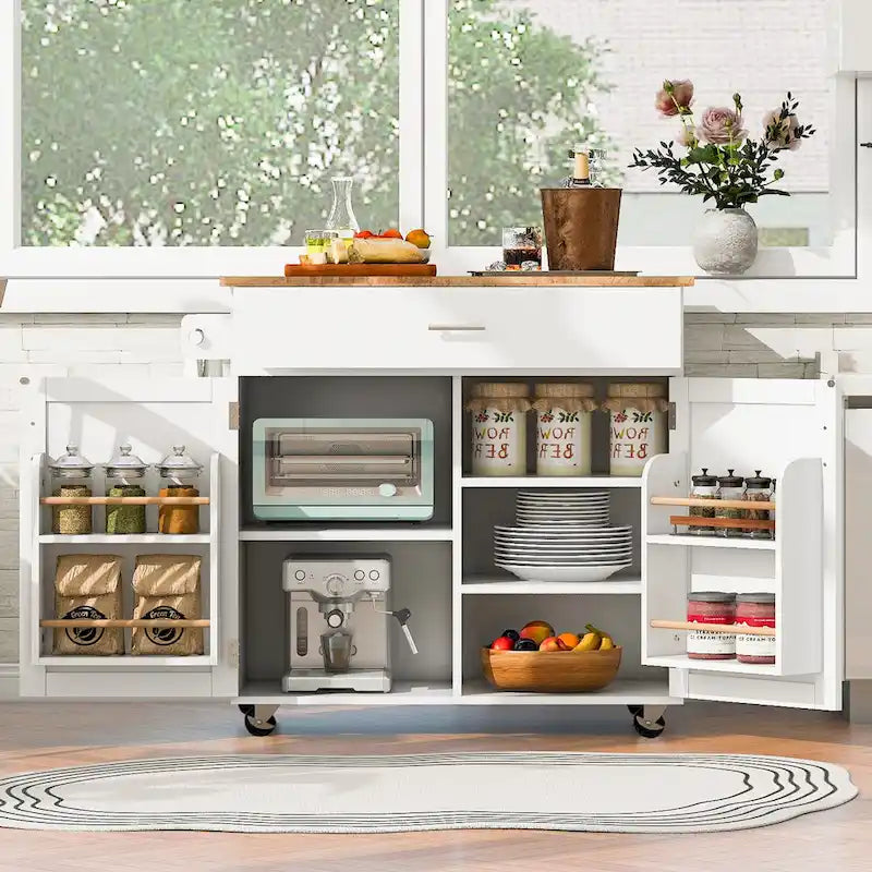 Rolling Kitchen Island with Storage,Kitchen Cart with Rubber Wood Top,Spacious Drawer with Divider and Internal Storage Rack