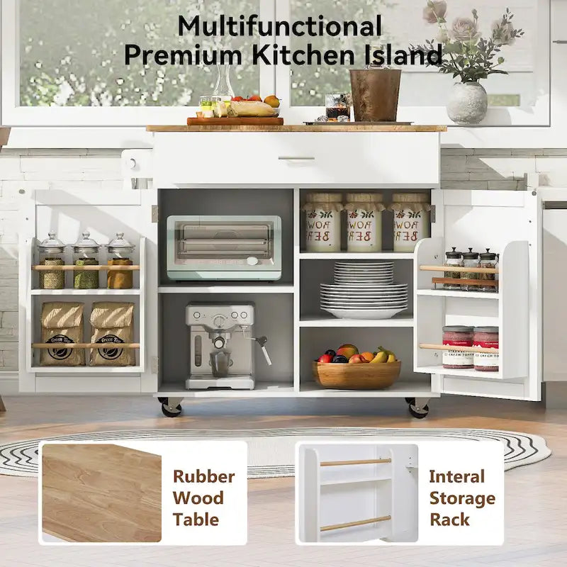 Rolling Kitchen Island with Storage,Kitchen Cart with Rubber Wood Top,Spacious Drawer with Divider and Internal Storage Rack