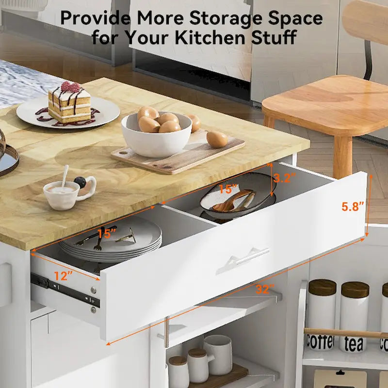 Rolling Kitchen Island with Storage,Kitchen Cart with Rubber Wood Top,Spacious Drawer with Divider and Internal Storage Rack