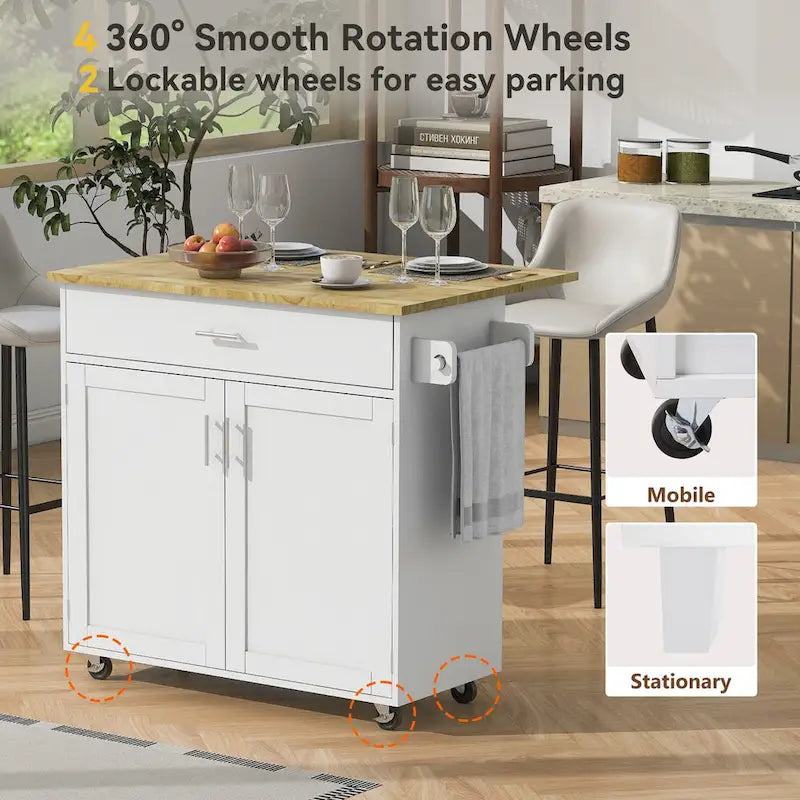 Rolling Kitchen Island with Storage,Kitchen Cart with Rubber Wood Top,Spacious Drawer with Divider and Internal Storage Rack