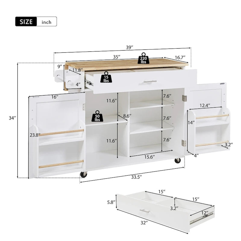 Rolling Kitchen Island with Storage,Kitchen Cart with Rubber Wood Top,Spacious Drawer with Divider and Internal Storage Rack