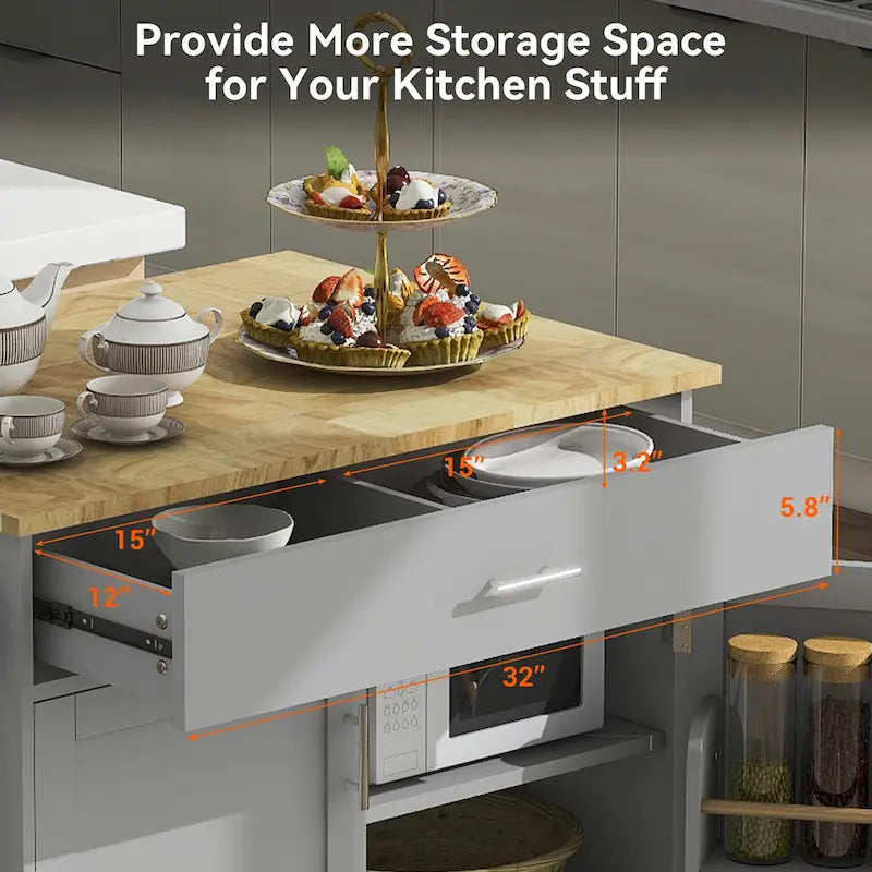 Rolling Kitchen Island with Storage,Kitchen Cart with Rubber Wood Top,Spacious Drawer with Divider and Internal Storage Rack