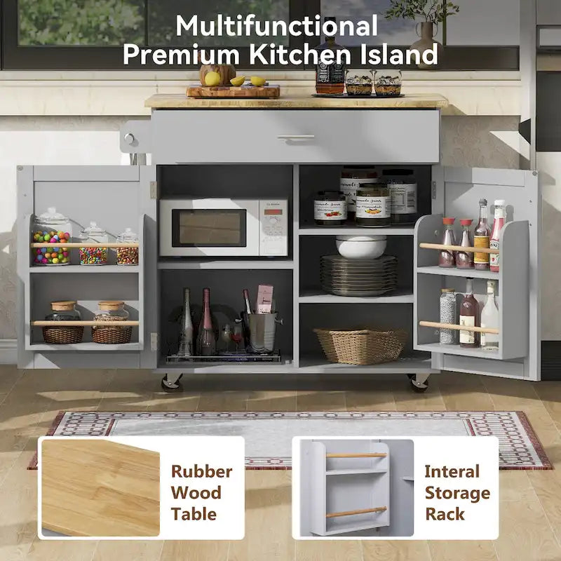 Rolling Kitchen Island with Storage,Kitchen Cart with Rubber Wood Top,Spacious Drawer with Divider and Internal Storage Rack