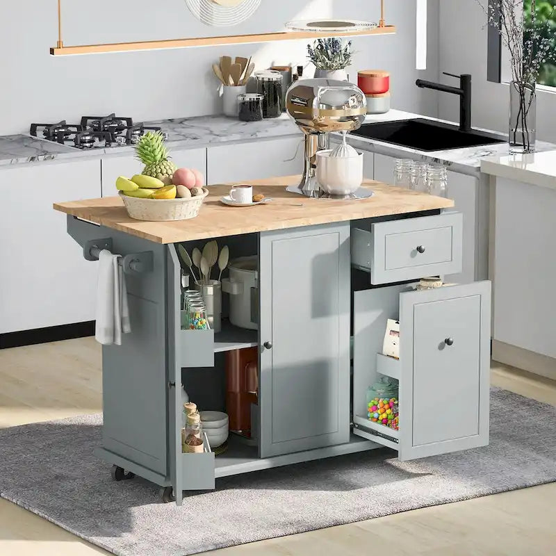 Rolling Kitchen Cart with Drop Leaf, Storage Rack, and 3-Tier Cabinet Organizer