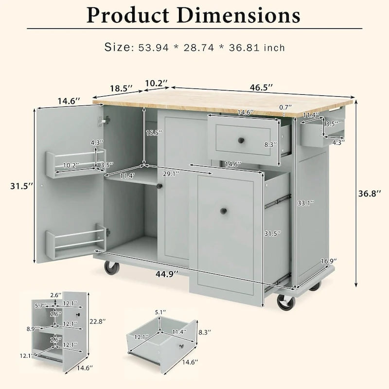 Rolling Kitchen Cart with Drop Leaf, Storage Rack, and 3-Tier Cabinet Organizer