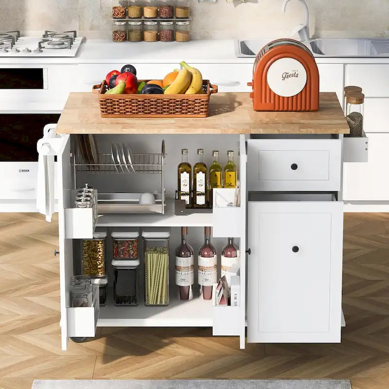 Rolling Kitchen Cart with Drop Leaf, Storage Rack, and 3-Tier Cabinet Organizer