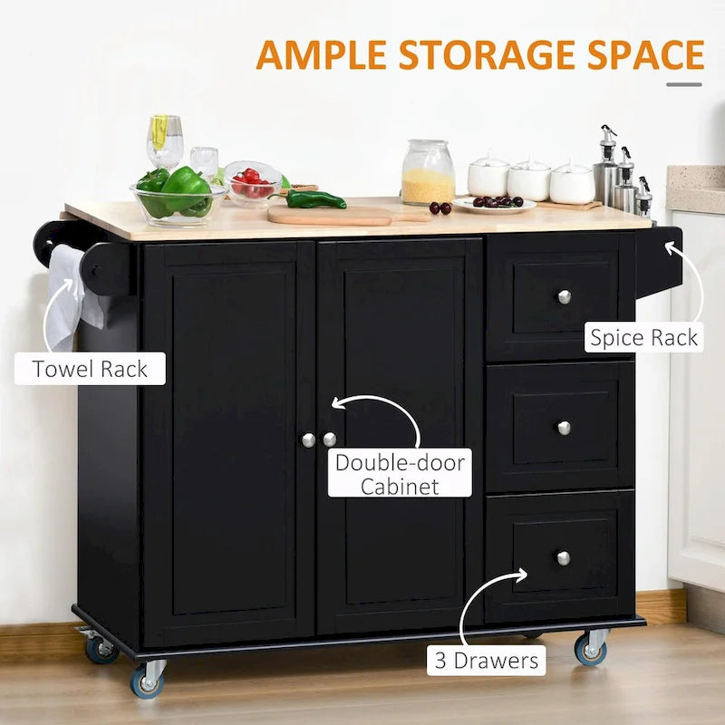 Mobile Kitchen Island with Drop Leaf, Wheels, Storage, and Towel Rack