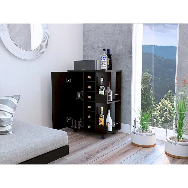 Bartlet 2-Shelf 6-Bottle Bar Cart with Division Black Wengue for Kitchen, Party and Living Room