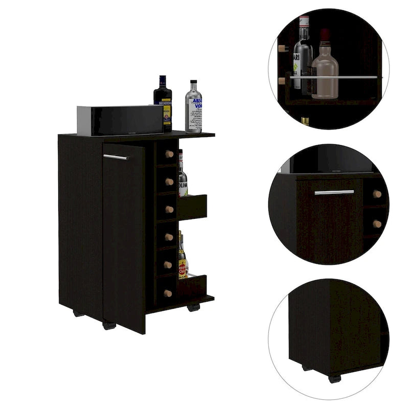 Bartlet 2-Shelf 6-Bottle Bar Cart with Division Black Wengue for Kitchen, Party and Living Room