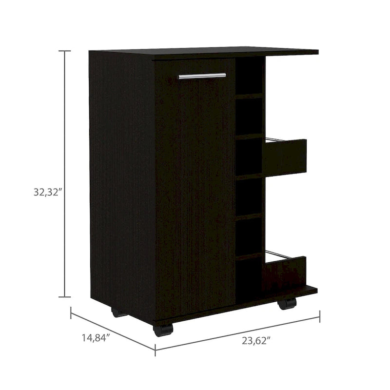 Bartlet 2-Shelf 6-Bottle Bar Cart with Division Black Wengue for Kitchen, Party and Living Room