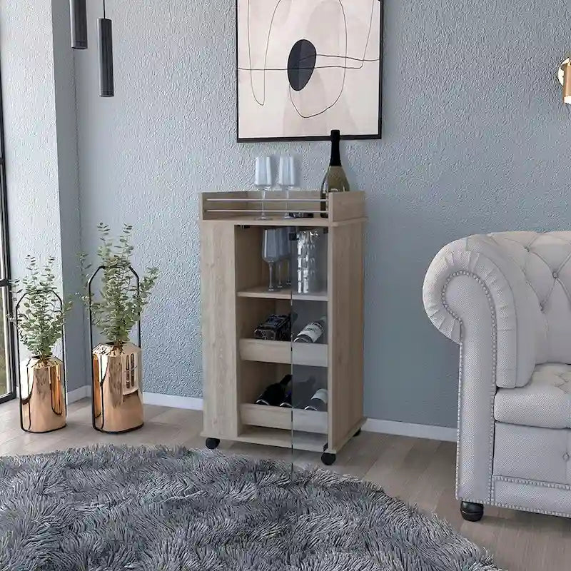 Bar Cart with Casters Reese, Six Wine Cubbies and Single Door for Kitchen, Party and Living Room