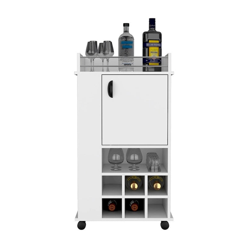 Bar Cart with Casters Reese, Six Wine Cubbies and Single Door for Kitchen, Party and Living Room