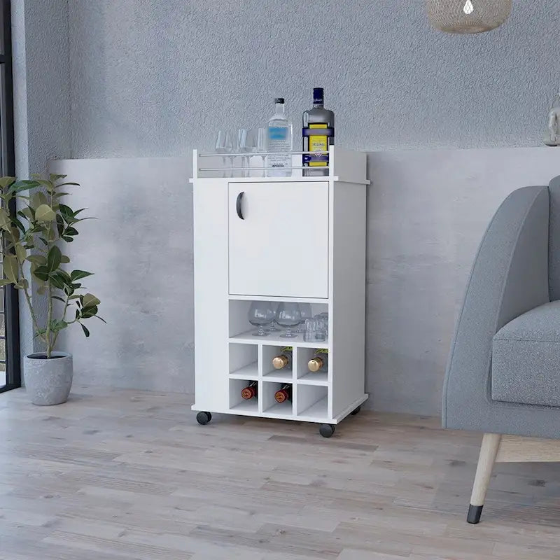Bar Cart with Casters Reese, Six Wine Cubbies and Single Door for Kitchen, Party and Living Room