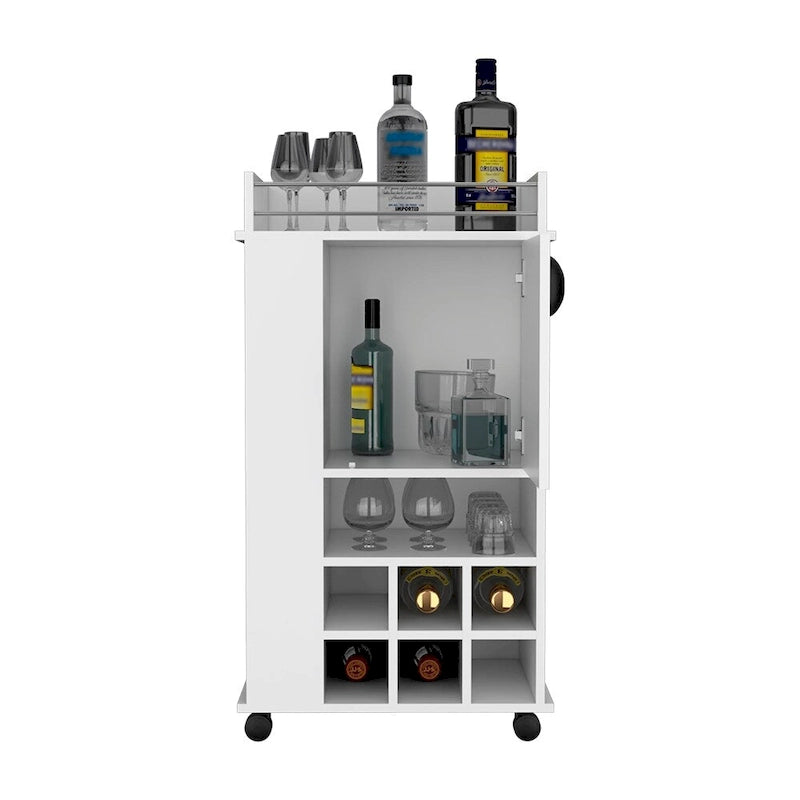 Bar Cart with Casters Reese, Six Wine Cubbies and Single Door for Kitchen, Party and Living Room