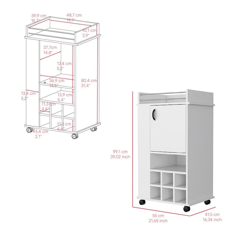 Bar Cart with Casters Reese, Six Wine Cubbies and Single Door for Kitchen, Party and Living Room