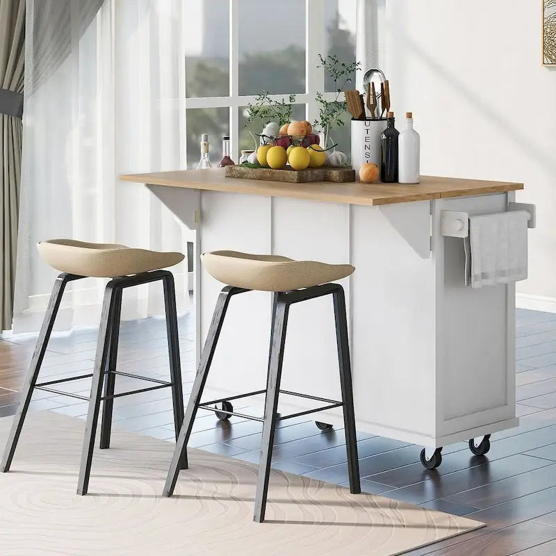 Rubberwood Drop Leaf Countertop Kitchen Cart with Door Inside Storage Rack and 3 Drawers
