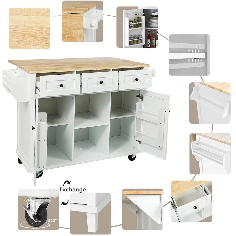 Rubberwood Drop Leaf Countertop Kitchen Cart with Door Inside Storage Rack and 3 Drawers