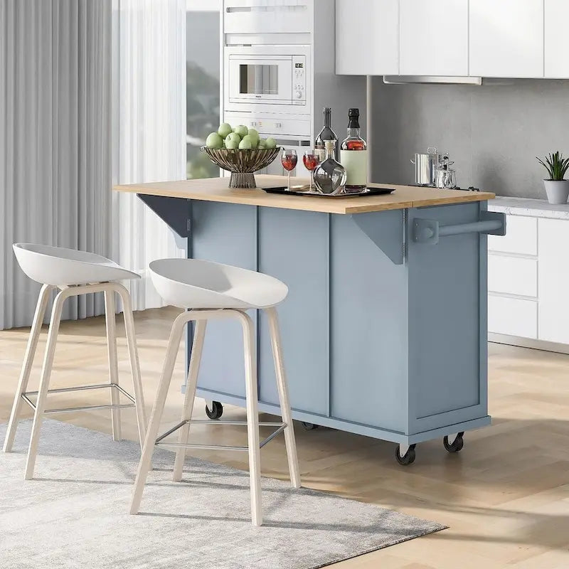 Rubberwood Drop Leaf Countertop Kitchen Cart with Door Inside Storage Rack and 3 Drawers