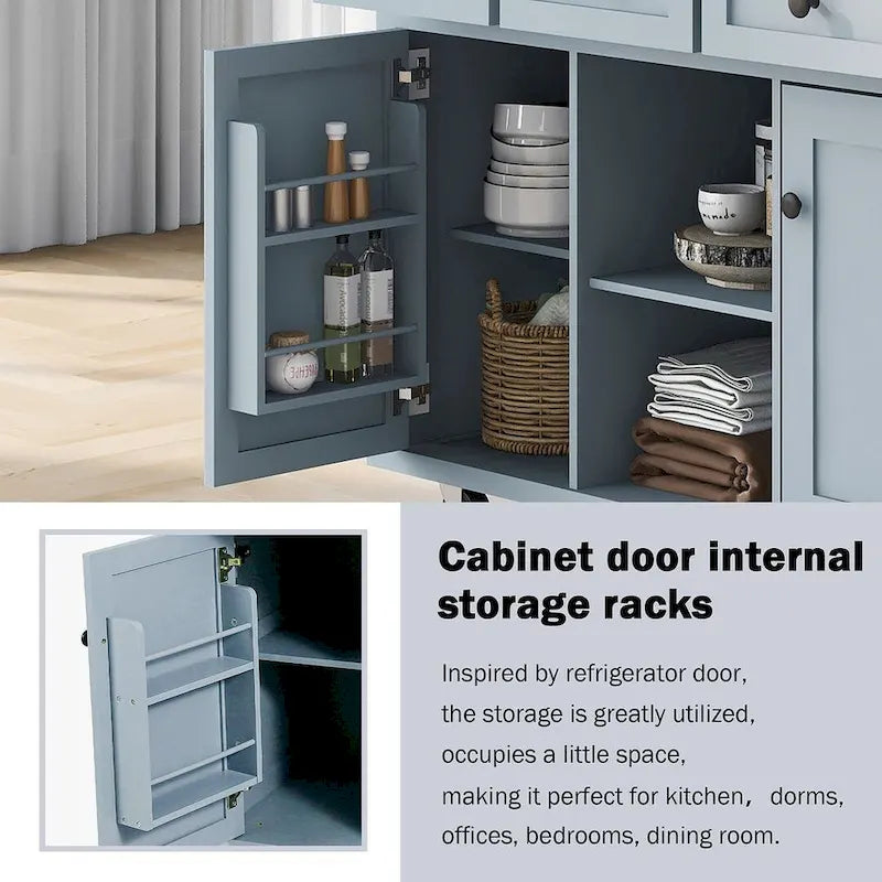 Rubberwood Drop Leaf Countertop Kitchen Cart with Door Inside Storage Rack and 3 Drawers