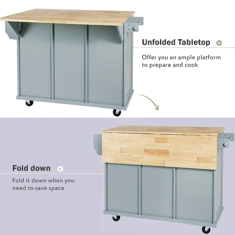 Rubberwood Drop Leaf Countertop Kitchen Cart with Door Inside Storage Rack and 3 Drawers