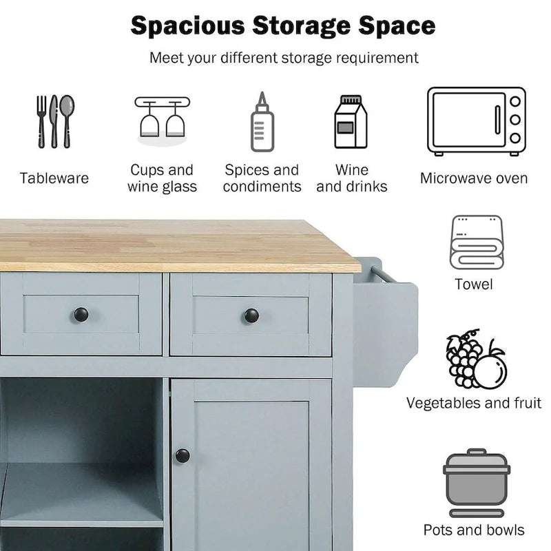 Rubberwood Drop Leaf Countertop Kitchen Cart with Door Inside Storage Rack and 3 Drawers