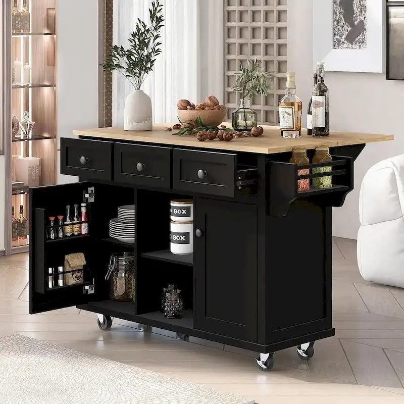 Rubberwood Drop Leaf Countertop Kitchen Cart with Door Inside Storage Rack and 3 Drawers