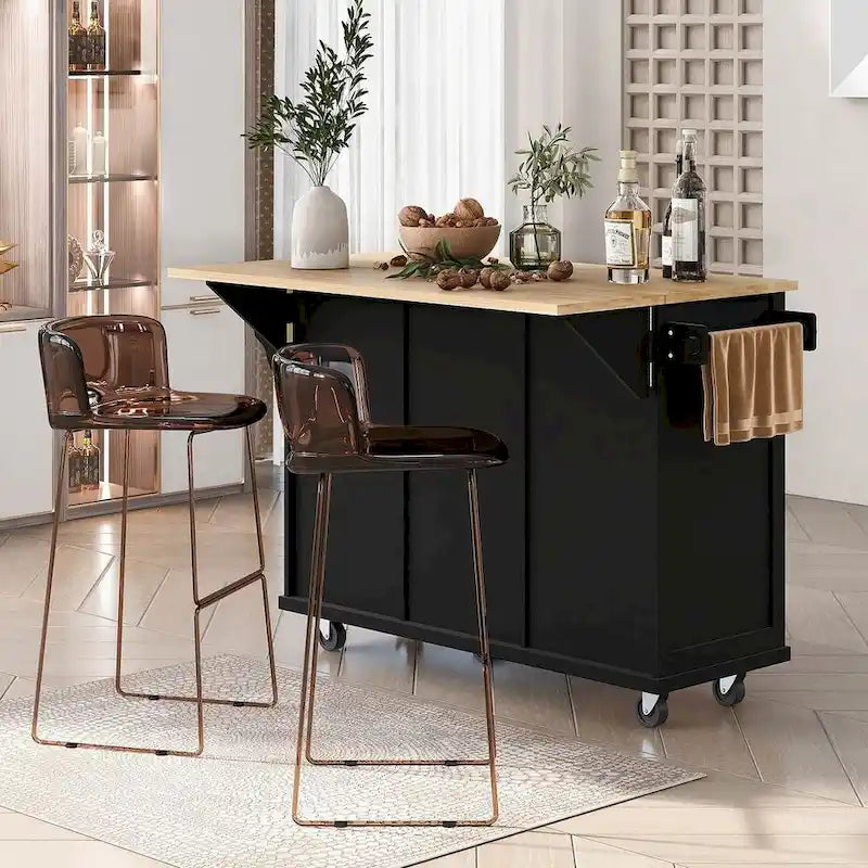 Rubberwood Drop Leaf Countertop Kitchen Cart with Door Inside Storage Rack and 3 Drawers