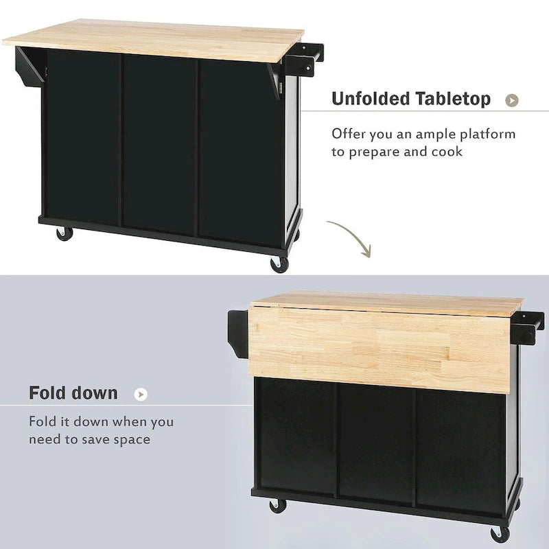 Rubberwood Drop Leaf Countertop Kitchen Cart with Door Inside Storage Rack and 3 Drawers