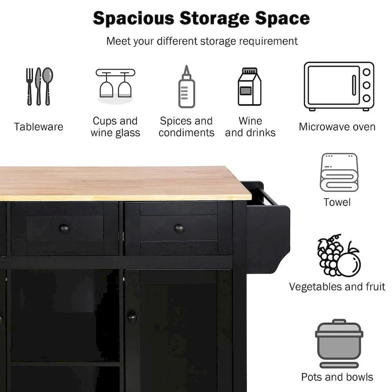 Rubberwood Drop Leaf Countertop Kitchen Cart with Door Inside Storage Rack and 3 Drawers