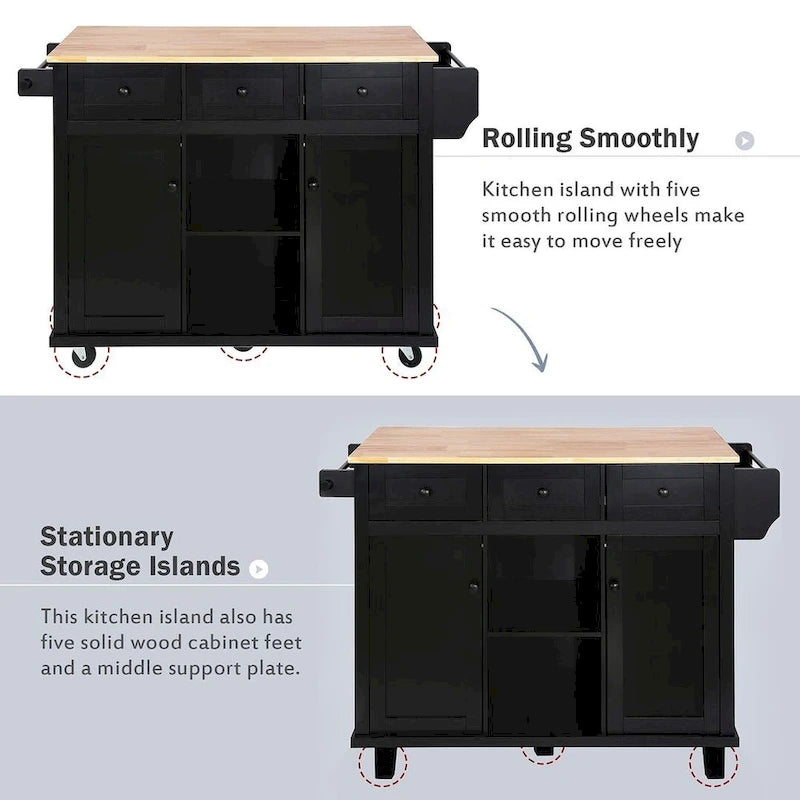 Rubberwood Drop Leaf Countertop Kitchen Cart with Door Inside Storage Rack and 3 Drawers